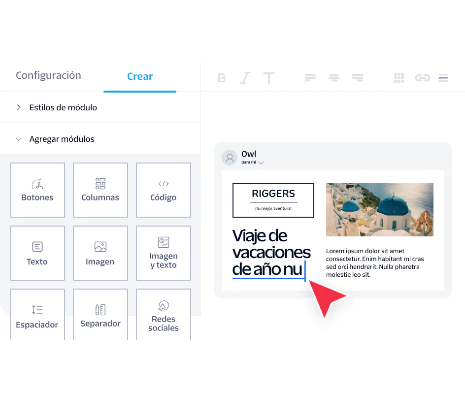 Screenshot of an email builder interface with settings and a New Year holiday travel advertisement design.