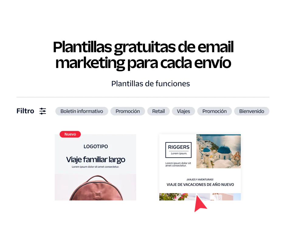 Interface showing free email marketing templates categorized by newsletter, promo, retail, travel, and welcome.