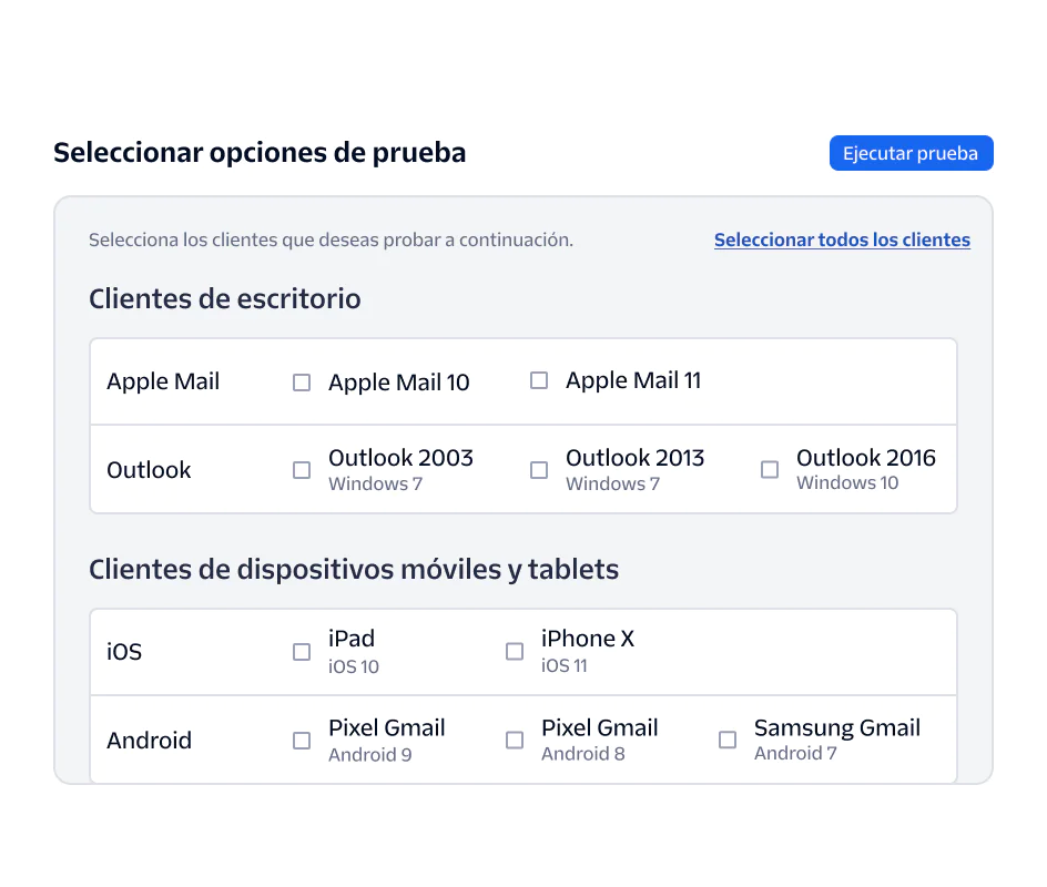 Interface for selecting desktop and mobile clients for testing software, including Apple Mail, Outlook, iOS, and Android.