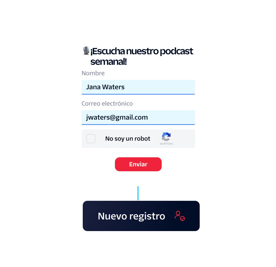 Signup form for a weekly podcast with fields for name, email, and a captcha checkbox.
