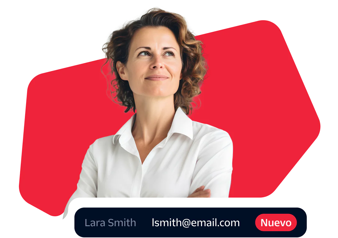 Professional Woman with Email Notification Woman in white shirt looking confident with an email address and new message alert