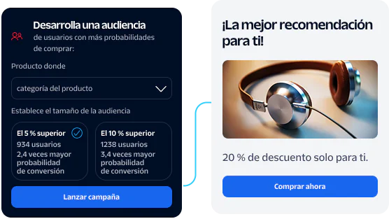 Interface showing audience targeting and product recommendation with headphones on sale.