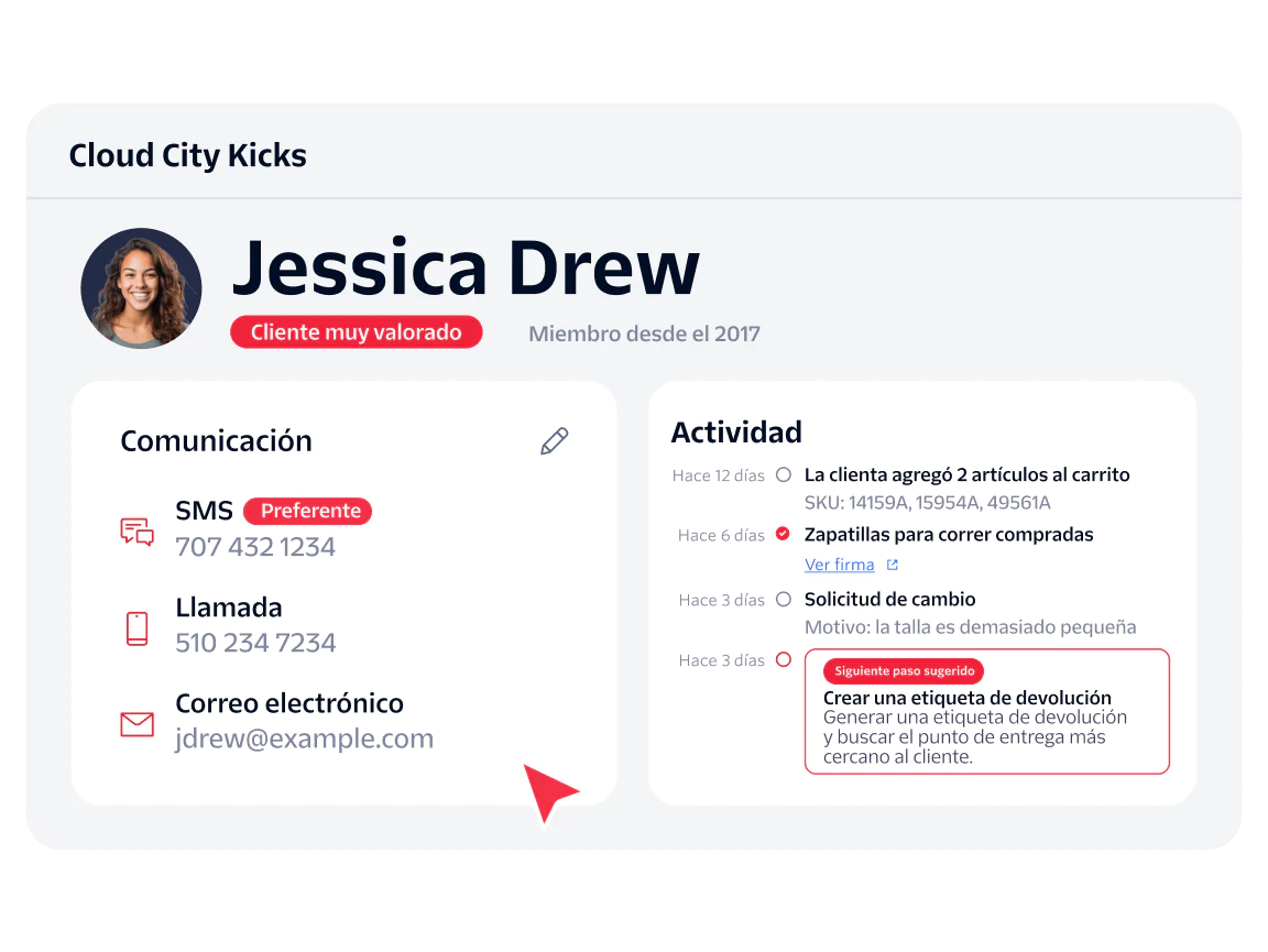 Customer Profile Dashboard for Jessica Drew Customer profile showing Jessica Drew's info, preferred contact, order details, and return label action.