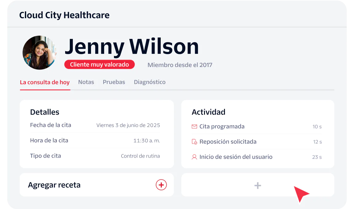 Healthcare Dashboard for Jenny Wilson Cloud City Healthcare dashboard for Jenny Wilson showing appointment and activity details.