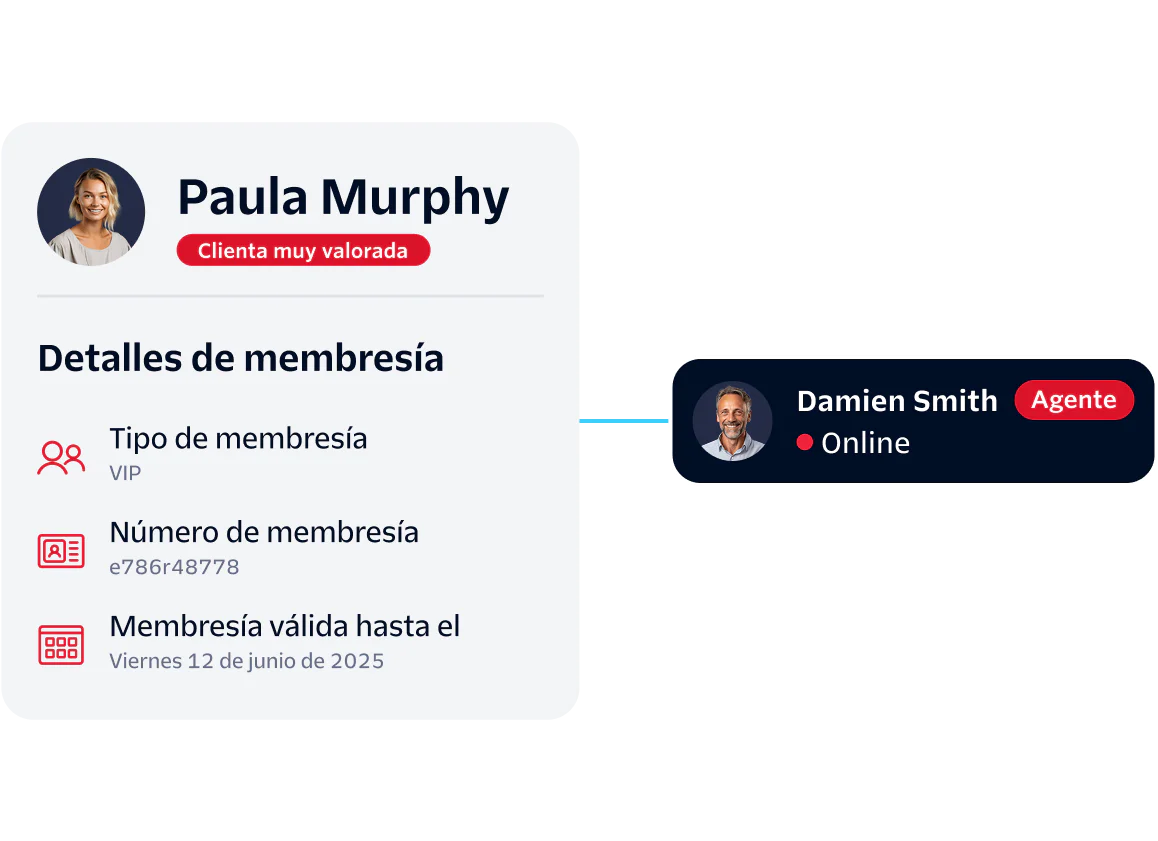 Customer Support Interaction with Membership Details Customer profile with membership details and connection to a support agent.