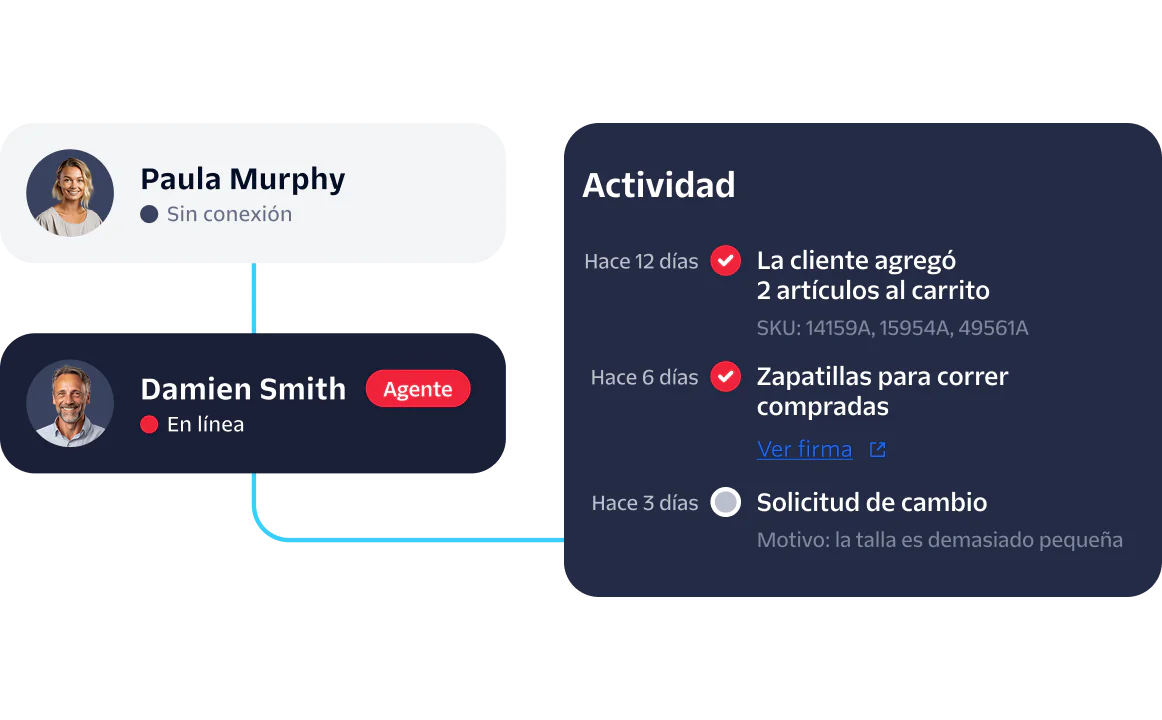 Dashboard displaying user status, recent activities, and an agent's online availability.