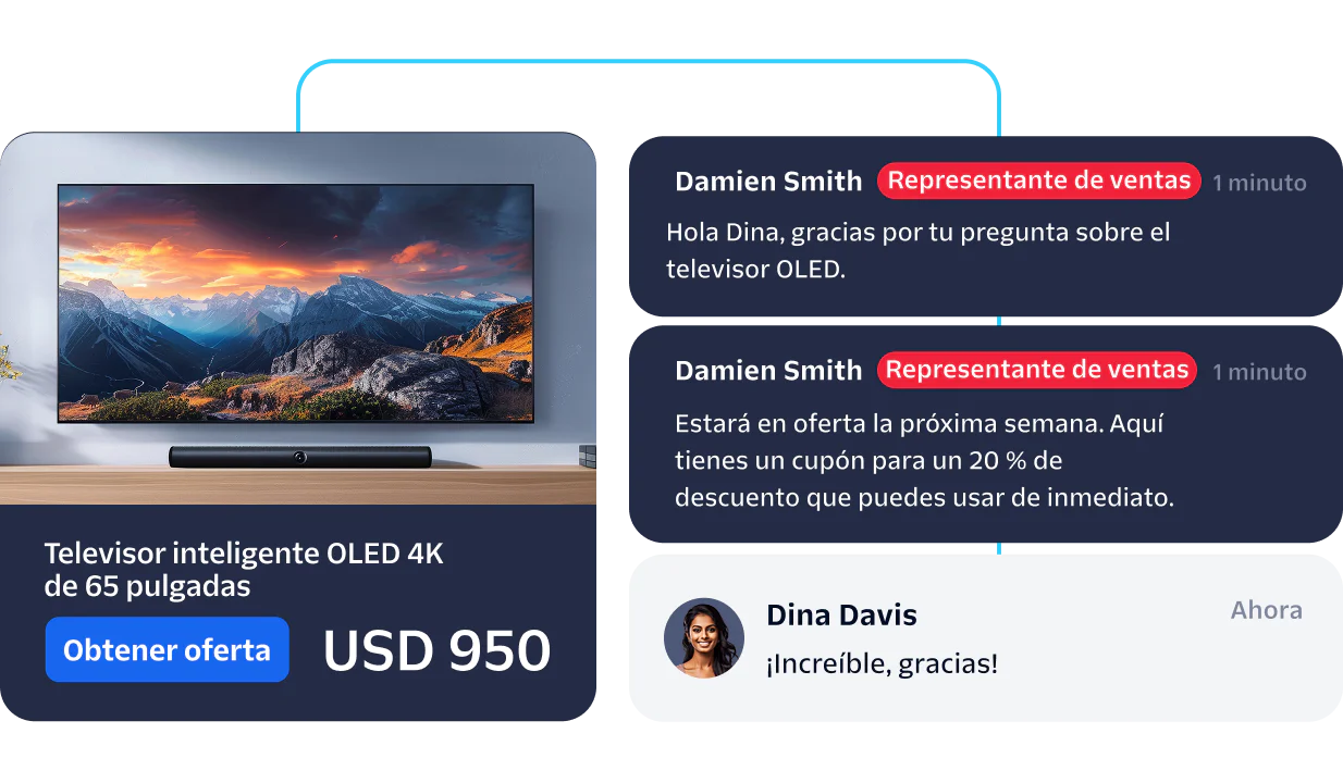 Sales rep chats with customer about a $950 Smart TV OLED 4K 65 offer.