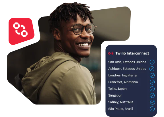 Smiling man with glasses and Twilio Interconnect locations listed including San Jose, London, and Tokyo.