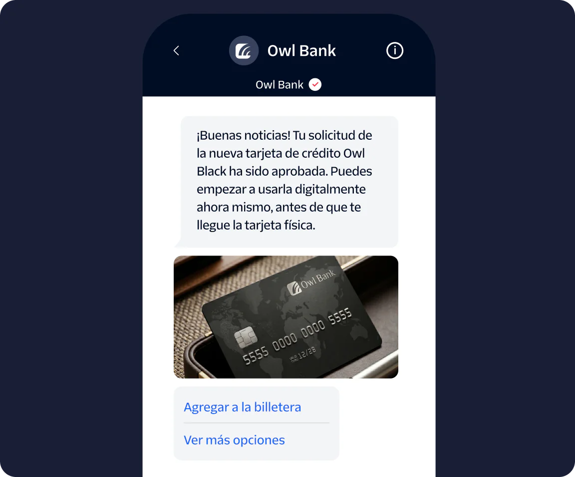 Smartphone screen displaying an approval message for a new Owl Bank Black credit card with an add to wallet option.