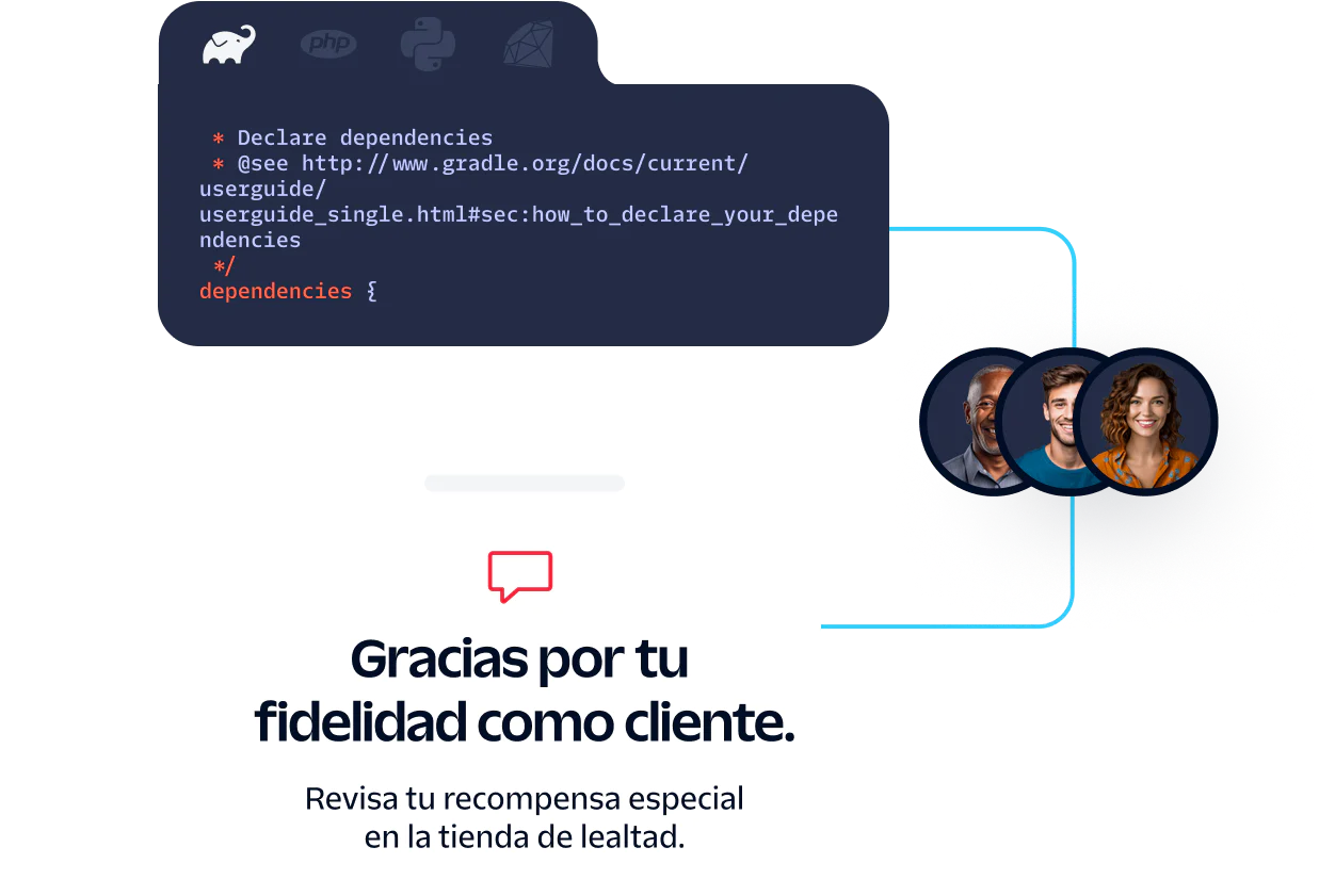 Customer appreciation message with loyalty shop link and code snippet for declaring dependencies.