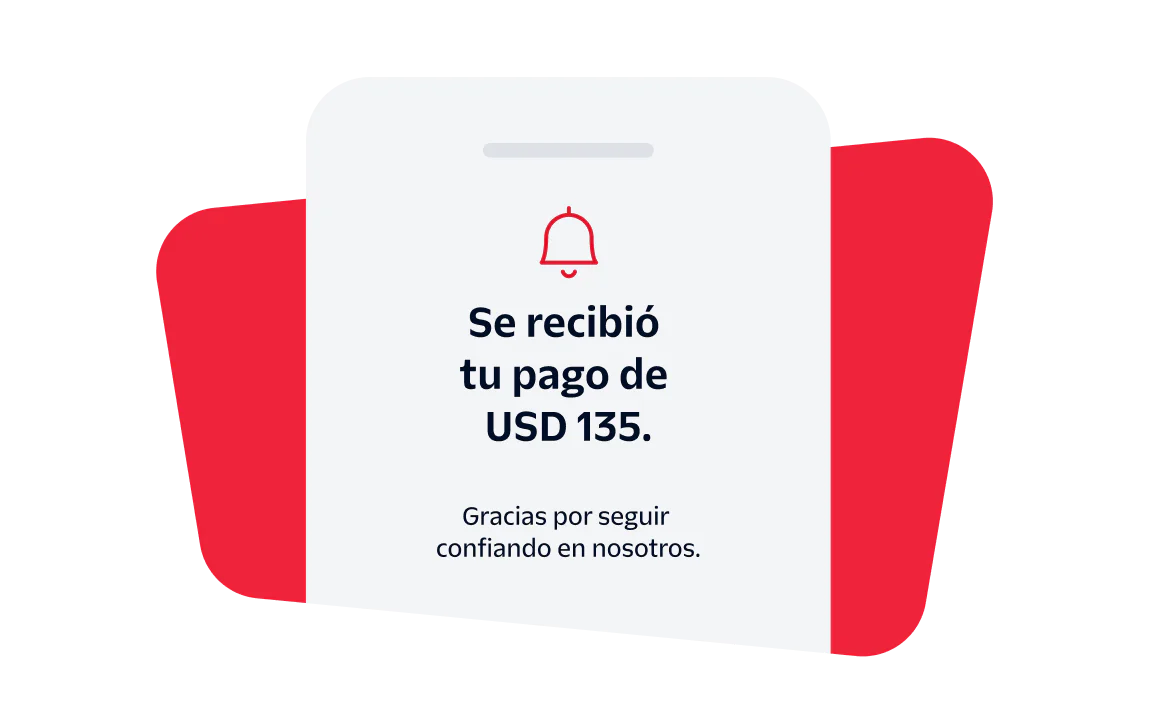 Notification showing payment of $135 received with a thank you message and a bell icon.