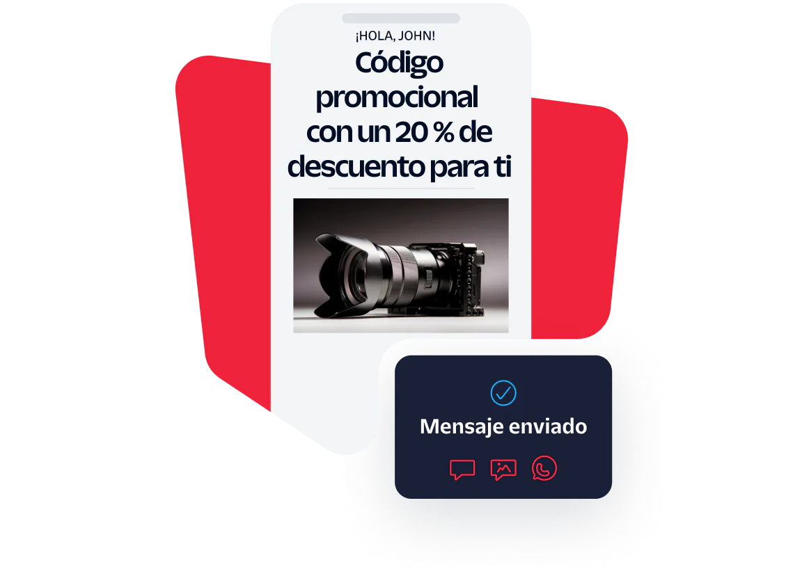 Phone screen showing a promo code for 20% off camera gear and confirmation message bubble stating Message sent