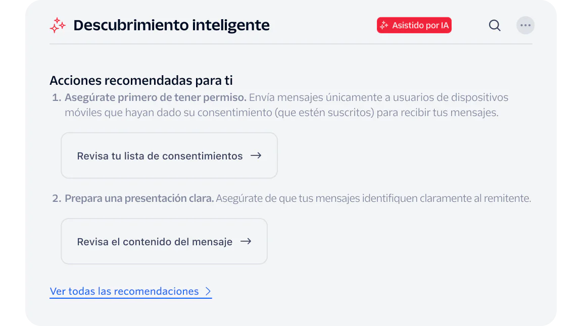 Interface showing recommended actions for intelligent discovery with review buttons.