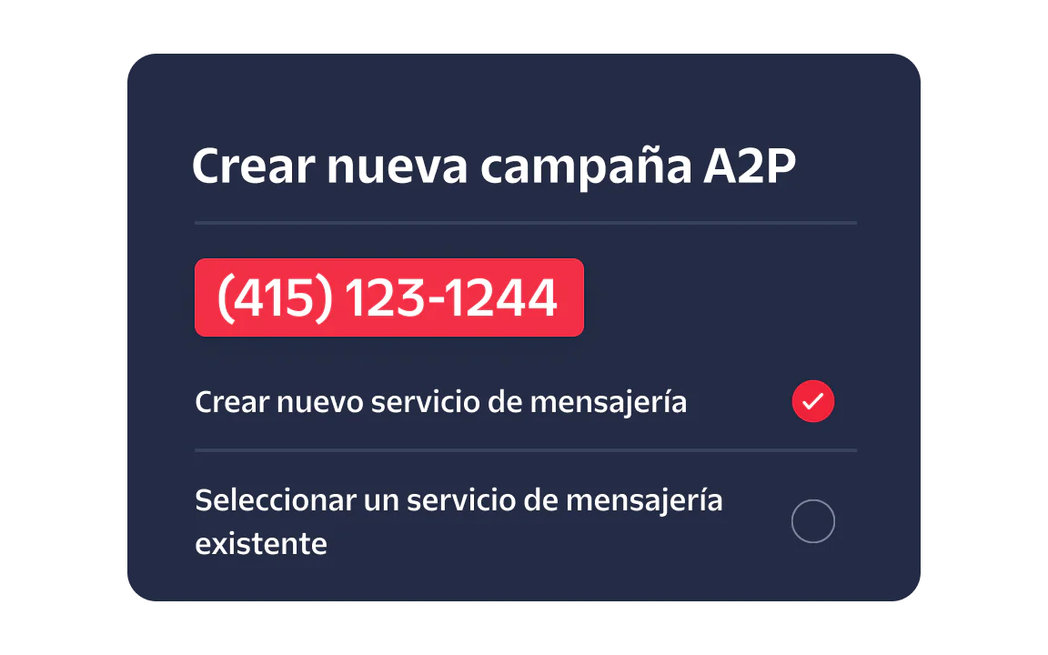 Interface for creating a new A2P campaign with an option to create or select a messaging service