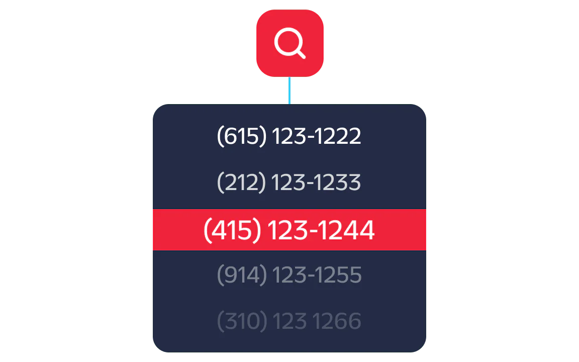 A list of phone numbers under a search icon, with the number (415) 123-1244 highlighted.