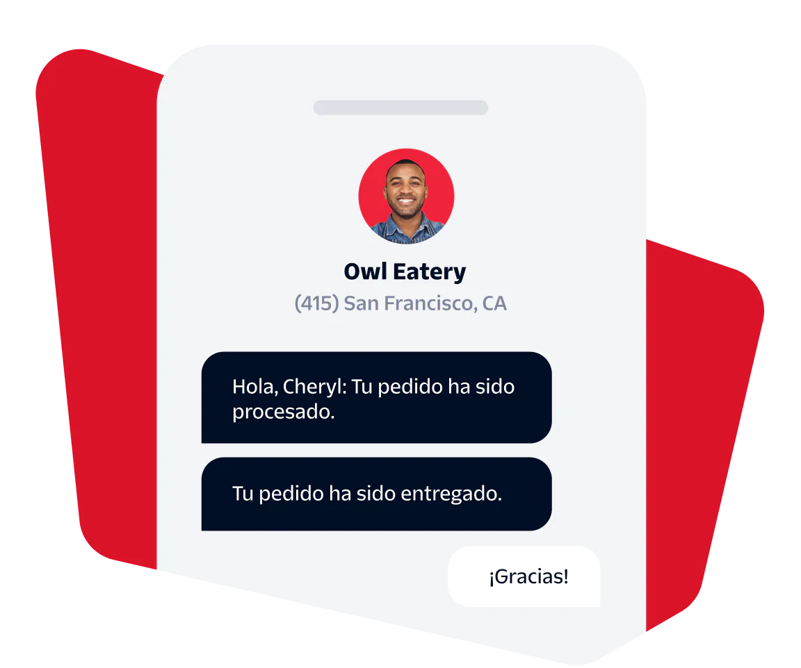 Food order notification from Owl Eatery to Cheryl with confirmation messages of order processing and delivery.