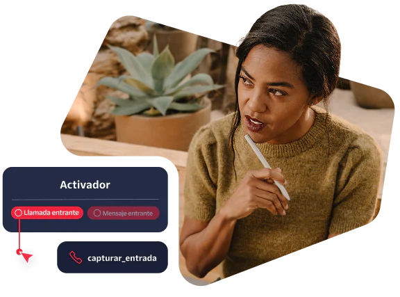 Woman holding a pen to her lips, next to a call-trigger interface showing 'Incoming Call' and 'gather_input'