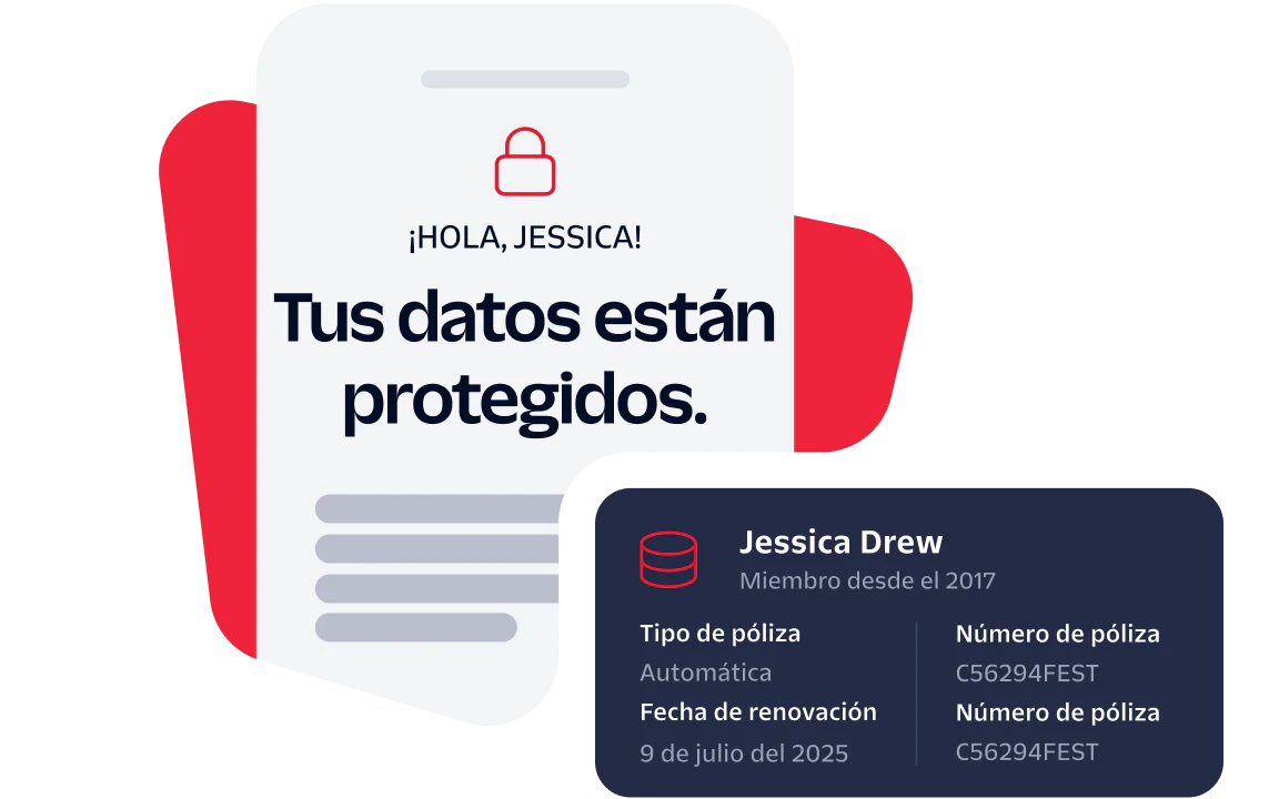 Secure Data Notification for Jessica Drew A digital card notifies Jessica Drew that her data is secured with policy details and renewal date.