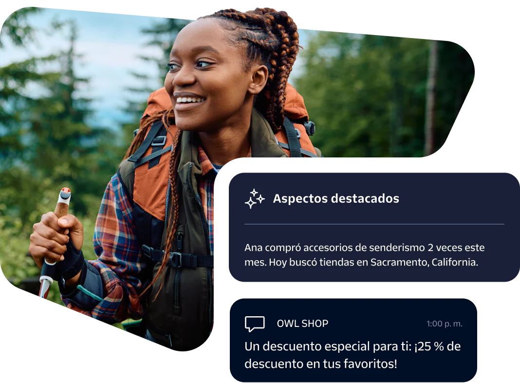 Woman hiking with backpack and promotional messages Woman with braided hair hiking and promotional messages about hiking accessories and special discount