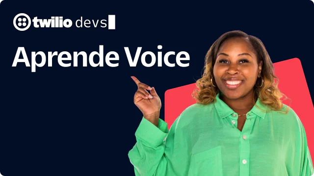 Woman in green shirt pointing upward, with Twilio Devs Learn Voice text on dark blue background.