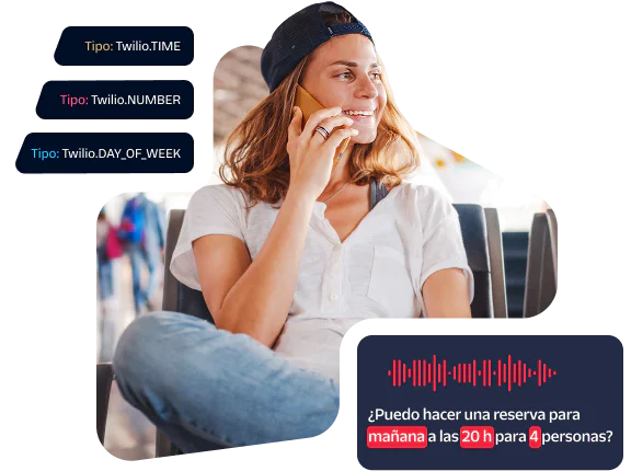 Woman sitting with crossed legs while talking on phone with displayed automated reservation messages.