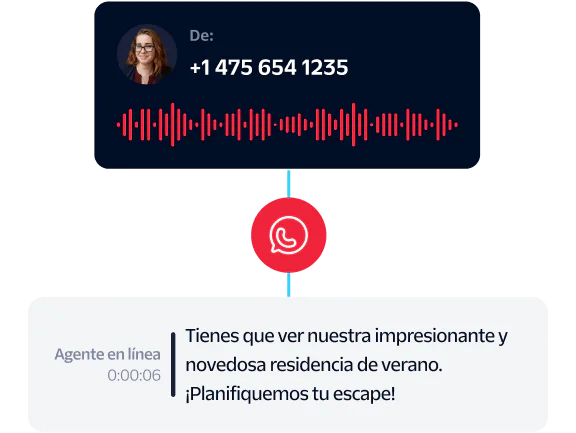 Incoming call from +1 475 654 1235 with a voice message and a chat response from a live agent about a summer villa.