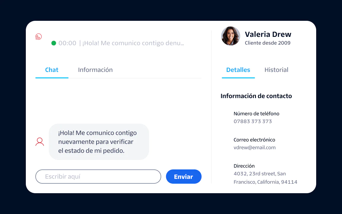 A chat window showing a customer's message, contact details, and an info tab with Valeria Drew's profile.