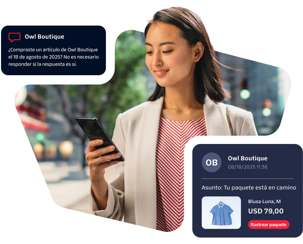 Woman smiling at her phone with shopping notifications and package tracking details