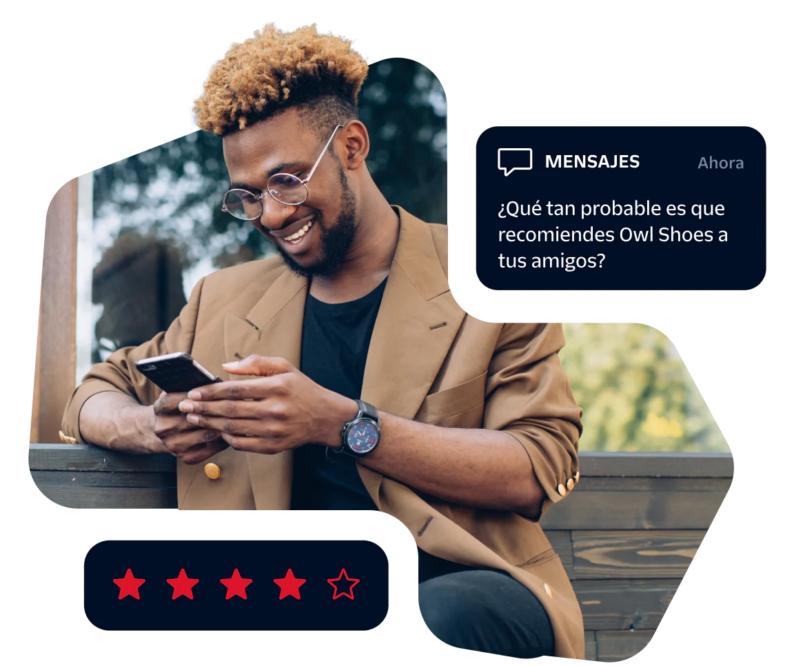 Man in brown blazer smiling at phone with feedback message about Owl Shoes and a 4-star rating.