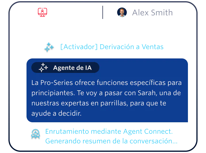 Web chat with an AI agent handling a high-intent sales query and escalating it to a sales expert.