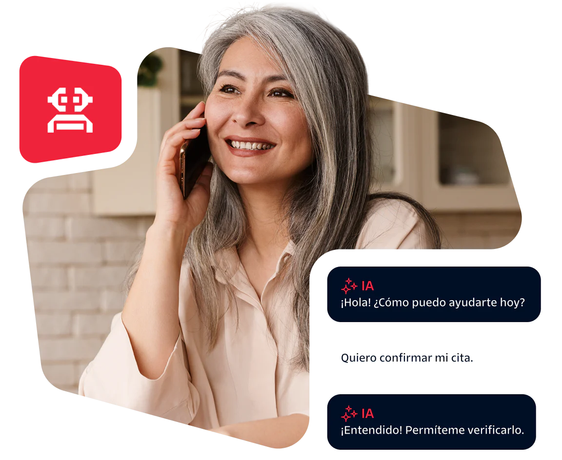 Woman smiling while talking on phone with AI chat messages confirming an appointment.
