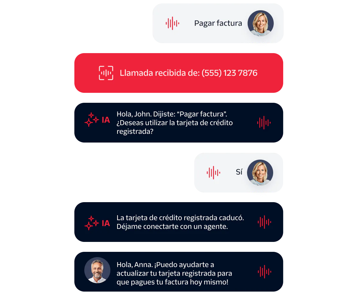 Chat between customer and AI assistant about bill payment and credit card update with agent interaction.