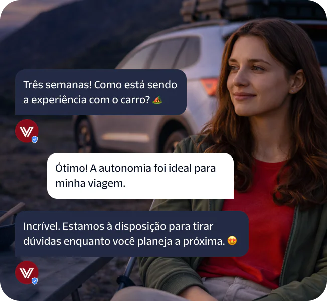 Woman sitting near car with customer service text messages about car's performance.