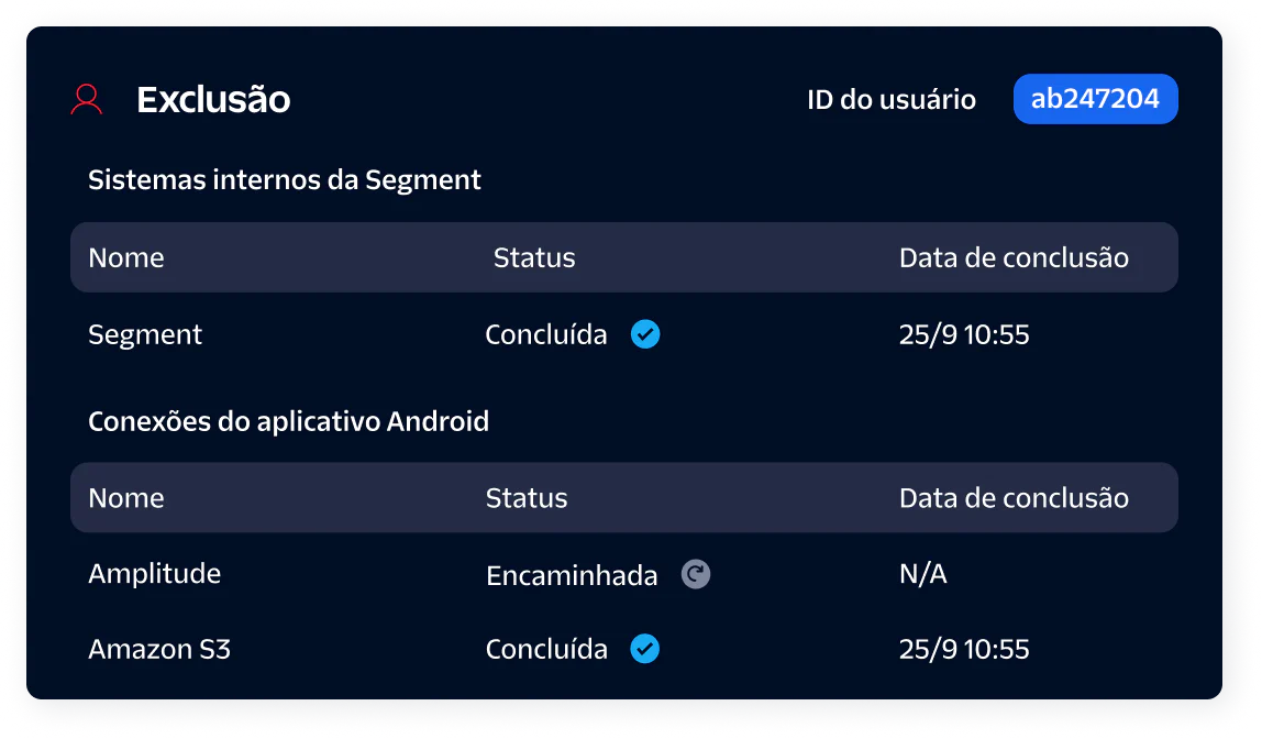 User Deletion Status Overview Deletion status panel showing completed and forwarded statuses for various systems and connections