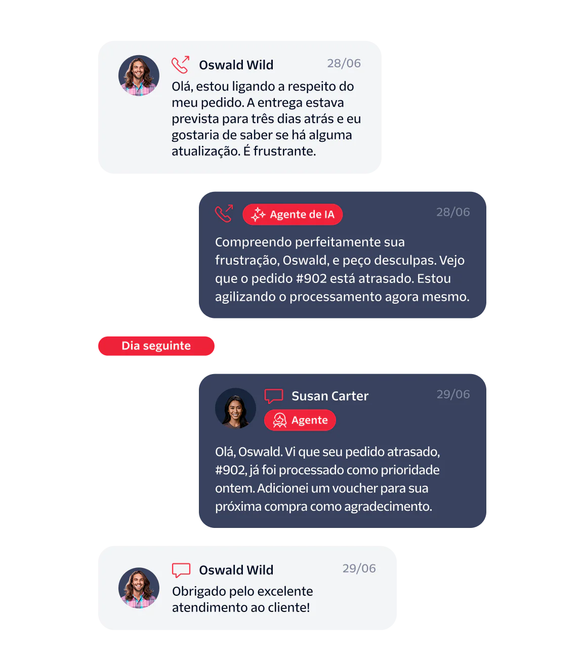 A customer chat conversation with AI and human agents resolving a delayed order.