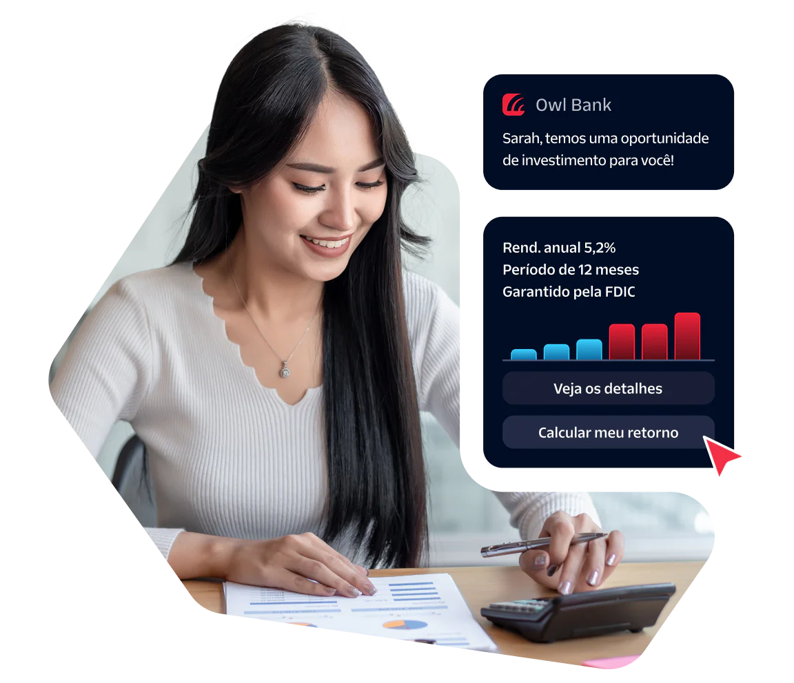 Smiling woman calculating finances with investment opportunity notification on screen.