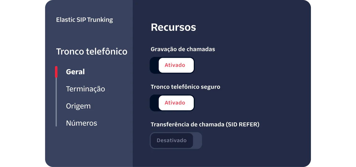 Dashboard displaying SIP trunking options with call recording and secure trunking enabled, and call transfer disabled.