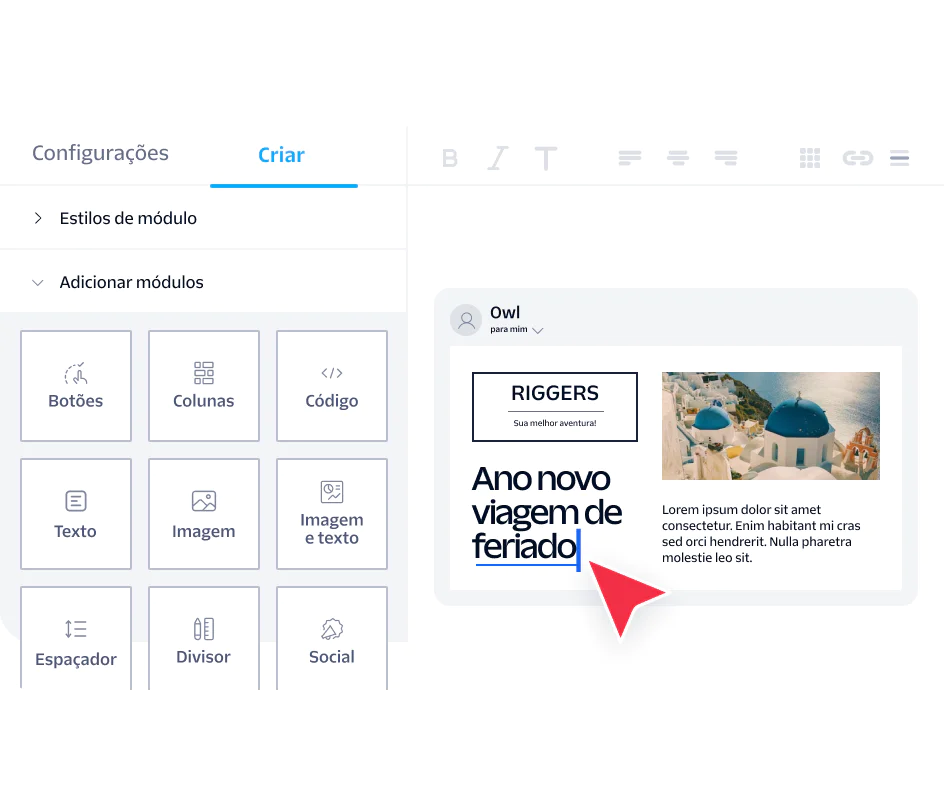 Screenshot of an email builder interface with settings and a New Year holiday travel advertisement design.