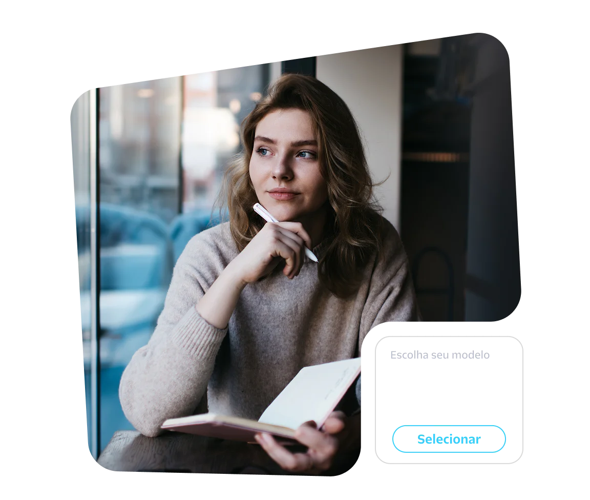 Woman sitting by a window holding a notebook and pen, thinking, with a travel newsletter template selection prompt.