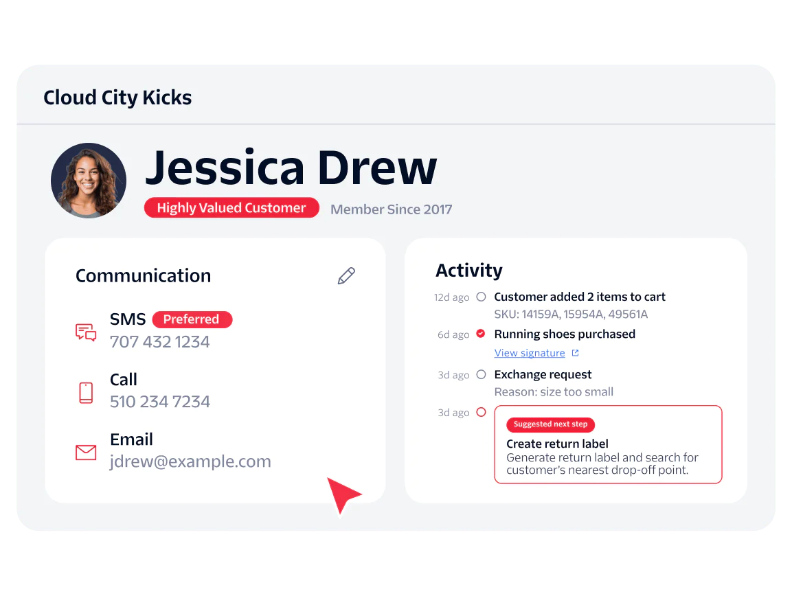 Customer Profile Dashboard for Jessica Drew Customer profile showing Jessica Drew's info, preferred contact, order details, and return label action.