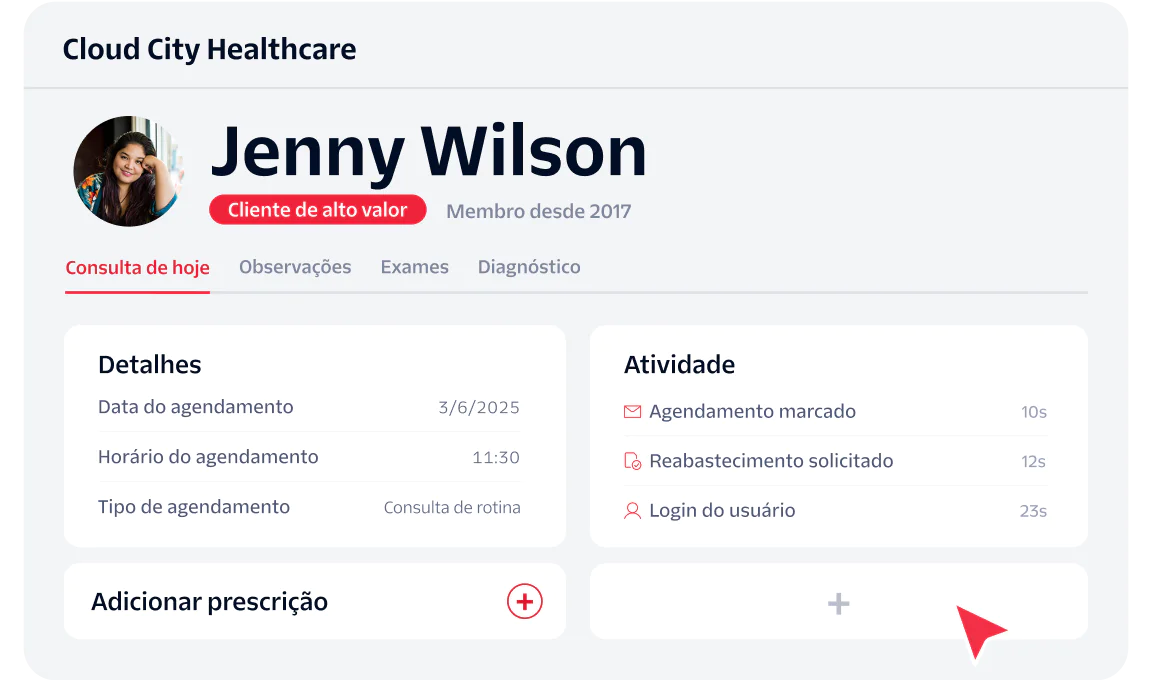 Healthcare Dashboard for Jenny Wilson Cloud City Healthcare dashboard for Jenny Wilson showing appointment and activity details.