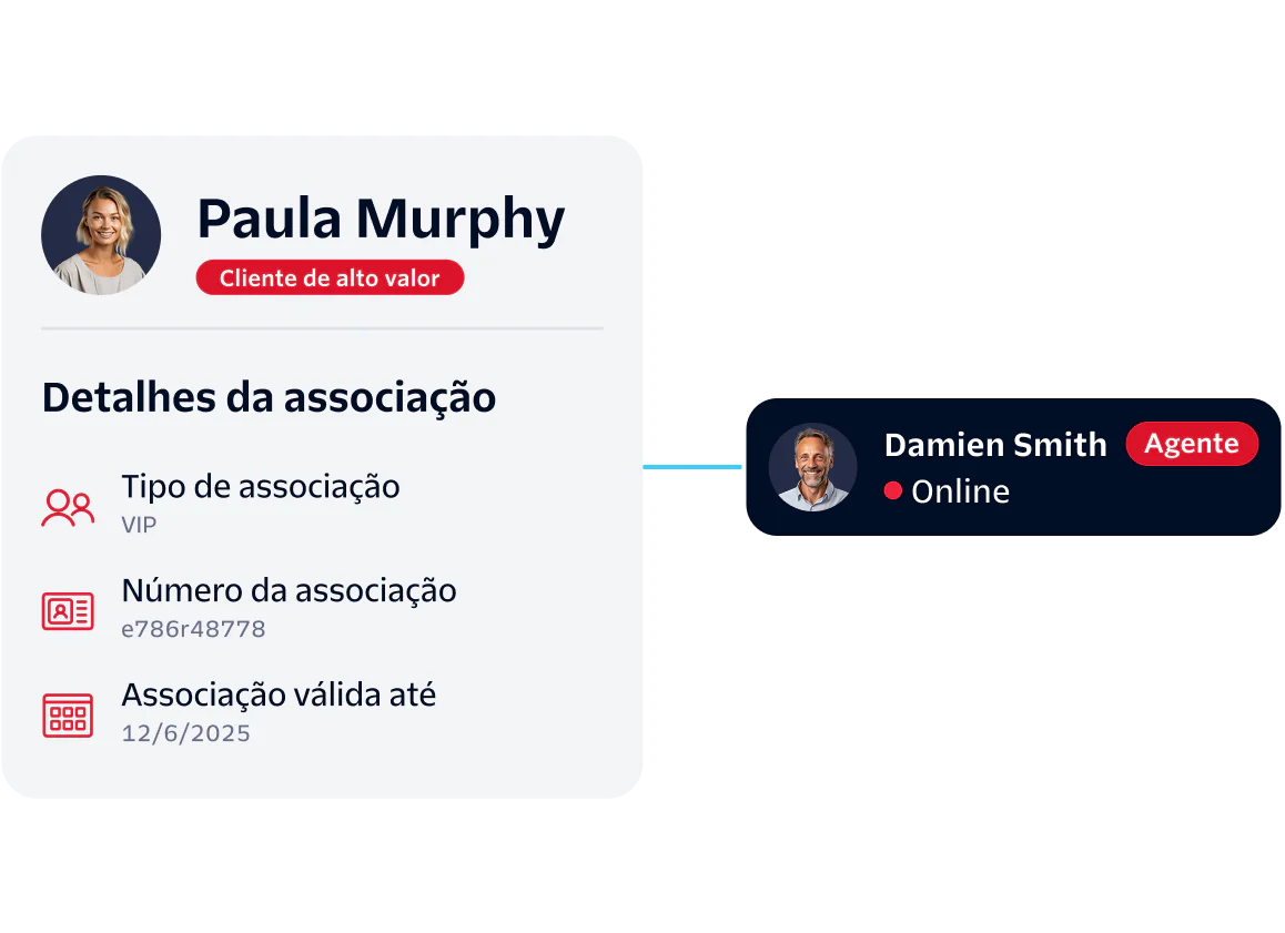 Customer Support Interaction with Membership Details Customer profile with membership details and connection to a support agent.