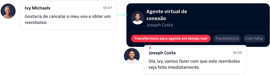 A customer asks a virtual agent to cancel a flight and get a refund; the request is handed off to a live agent.