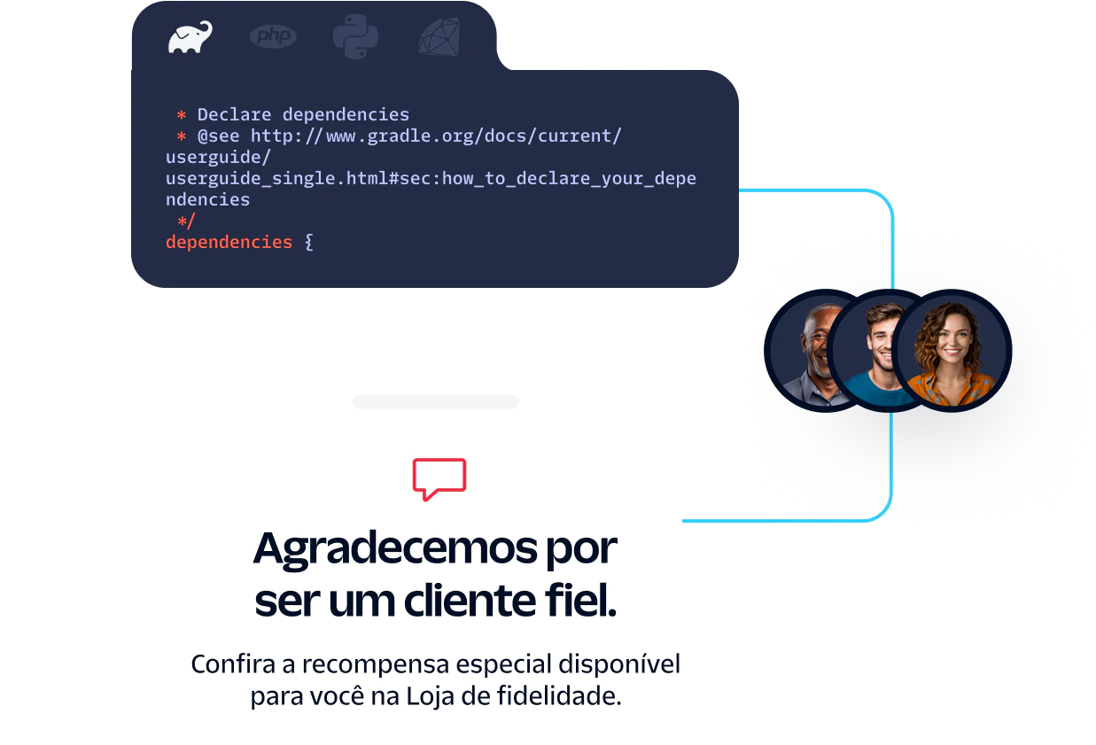 Loyalty Program Rewards and Code Dependencies Customer appreciation message with loyalty shop link and code snippet for declaring dependencies.