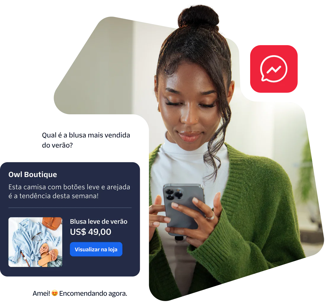 Woman wearing green cardigan browsing online store on phone with shopping messages around her.