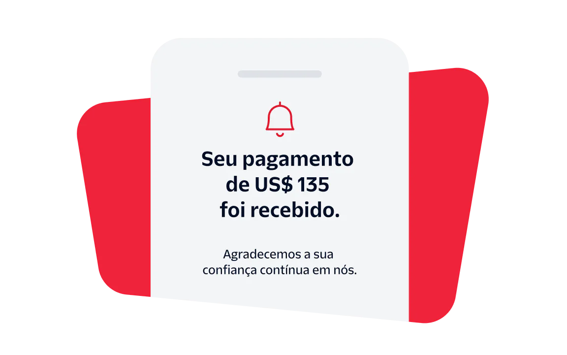 Payment Confirmation Notification Notification showing payment of $135 received with a thank you message and a bell icon.