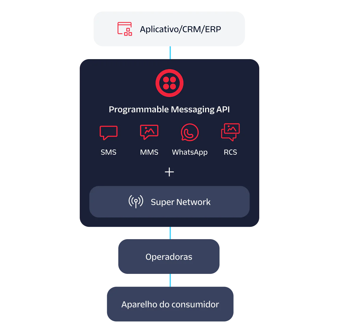 Diagram illustrating integration of CRM/ERP applications with carriers through a Programmable Messaging API.