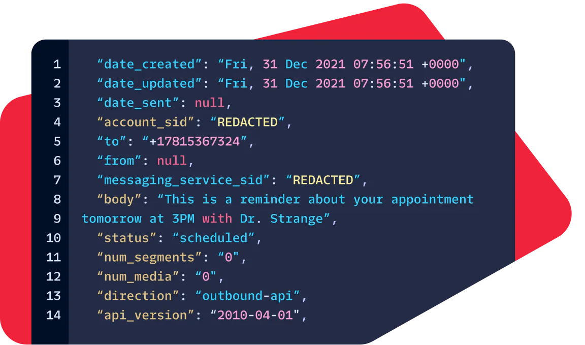 JSON code snippet detailing an appointment reminder message and its metadata.