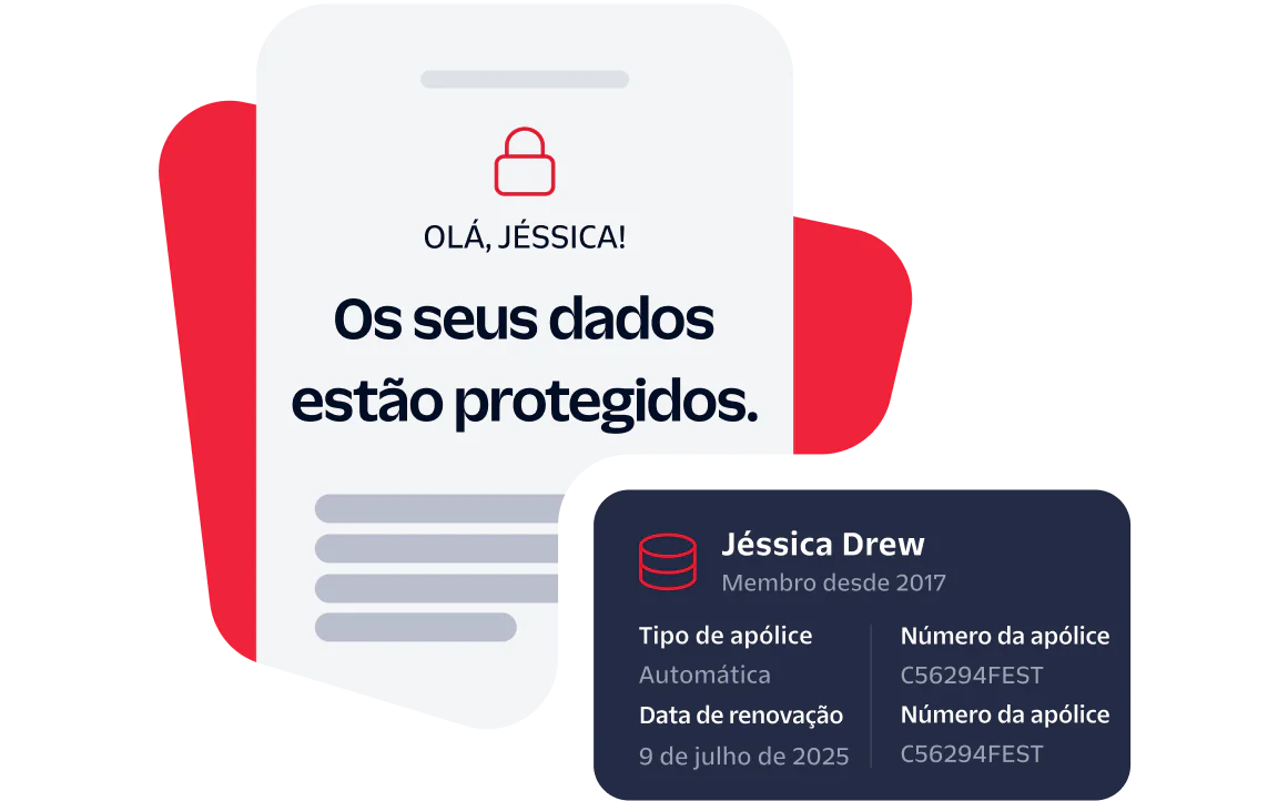 Secure Data Notification for Jessica Drew A digital card notifies Jessica Drew that her data is secured with policy details and renewal date.