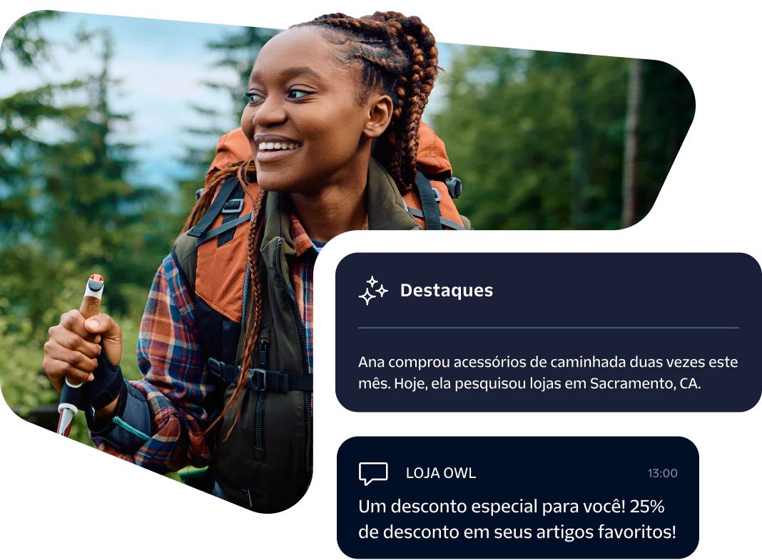 Woman hiking with backpack and promotional messages Woman with braided hair hiking and promotional messages about hiking accessories and special discount
